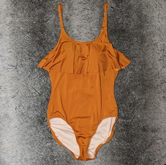 Garnet Hill Playa Ruffle-Overlay One-Piece Swimsuit Curry 6 - Picture 1 of 10